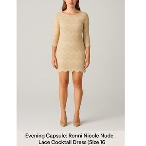 Ronni Nicole Cream Lace Sheath Dress 3/4 Sleeve Knee Length Occasion Dress sz 16